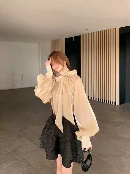 Women's Satin Blouses Stylish Big Bow Shirts 2023 Spring Autumn New Fashion Korean Edition Casual Puff Sleeve Female Solid Top