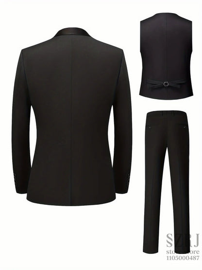 Men'S 4pcs Tuxedo Suit: Jacket, Vest, Dress Pants &Pocket Square