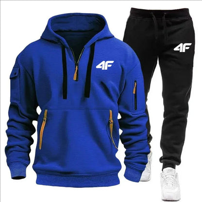 Men's tracksuit zipper hood multi-pocket and protective pants casual jogging tracksuit fall/winter 2-piece setLarge size S-3XL