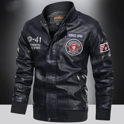 Men’s PU leather motorcycle jacket, color block pilot style, baseball collar, spring autumn, M–XXL