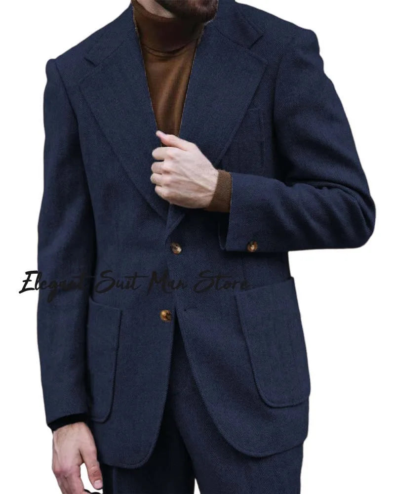 Herringbone pattern Kent blazer Pants Retro Italian style Men's Business Suit Set (Jacket+trousers）tall men tailored suit set
