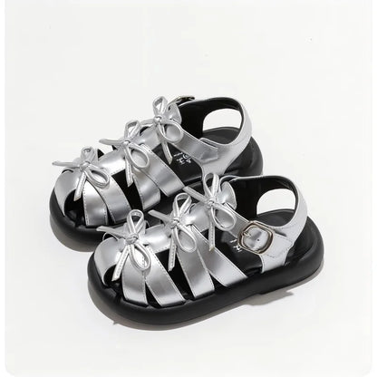 Kids'Casual Shoes Sandals PU Leather Bow Fashion Summer Shoes For Girls Hook and Loop Anti-slip Silver Black Shoes Size 26-36