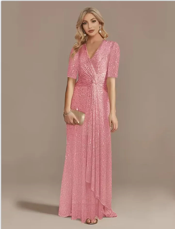 Luxury Floor Length V-Neck Evening Dress 2025 Women Elegant Party Maxi Sequin Short Sleeves Prom Cocktail Graduation Dress