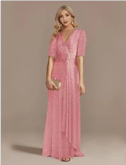 Luxury Floor Length V-Neck Evening Dress 2025 Women Elegant Party Maxi Sequin Short Sleeves Prom Cocktail Graduation Dress