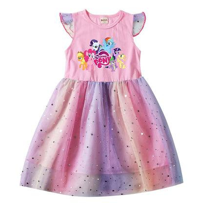 My Little Ponys Baby Girls Dress Children Cartoon Mesh Star Sequins Princess Dress Kids Flying Sleeve Skirt For Birthday Gift