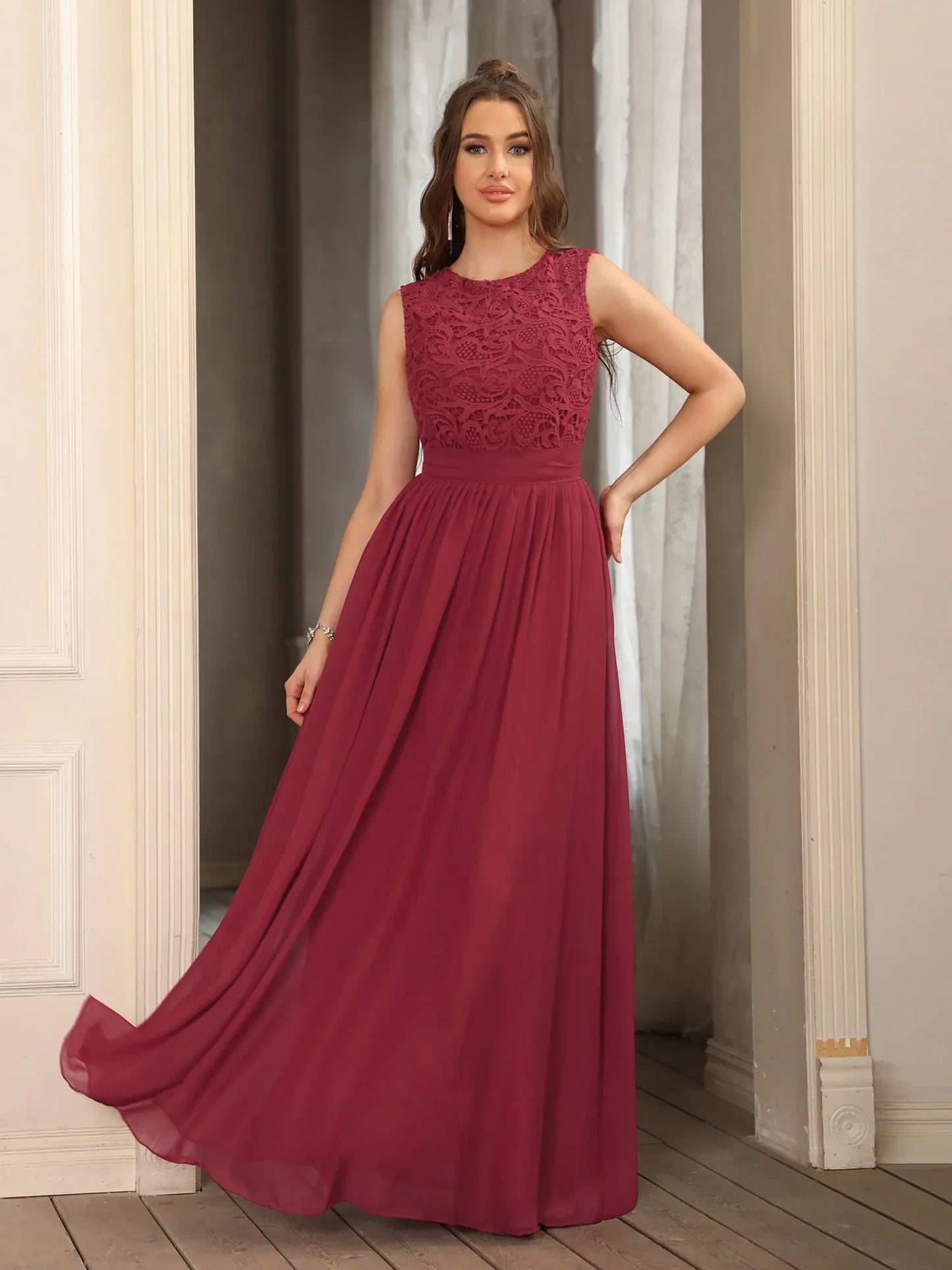 Hot Sale Lace A Line Prom Dress 2024 New Style Evening Dress Chiffon Back Illusion Bridsmaid Dress Pleat vestidos de fiesta