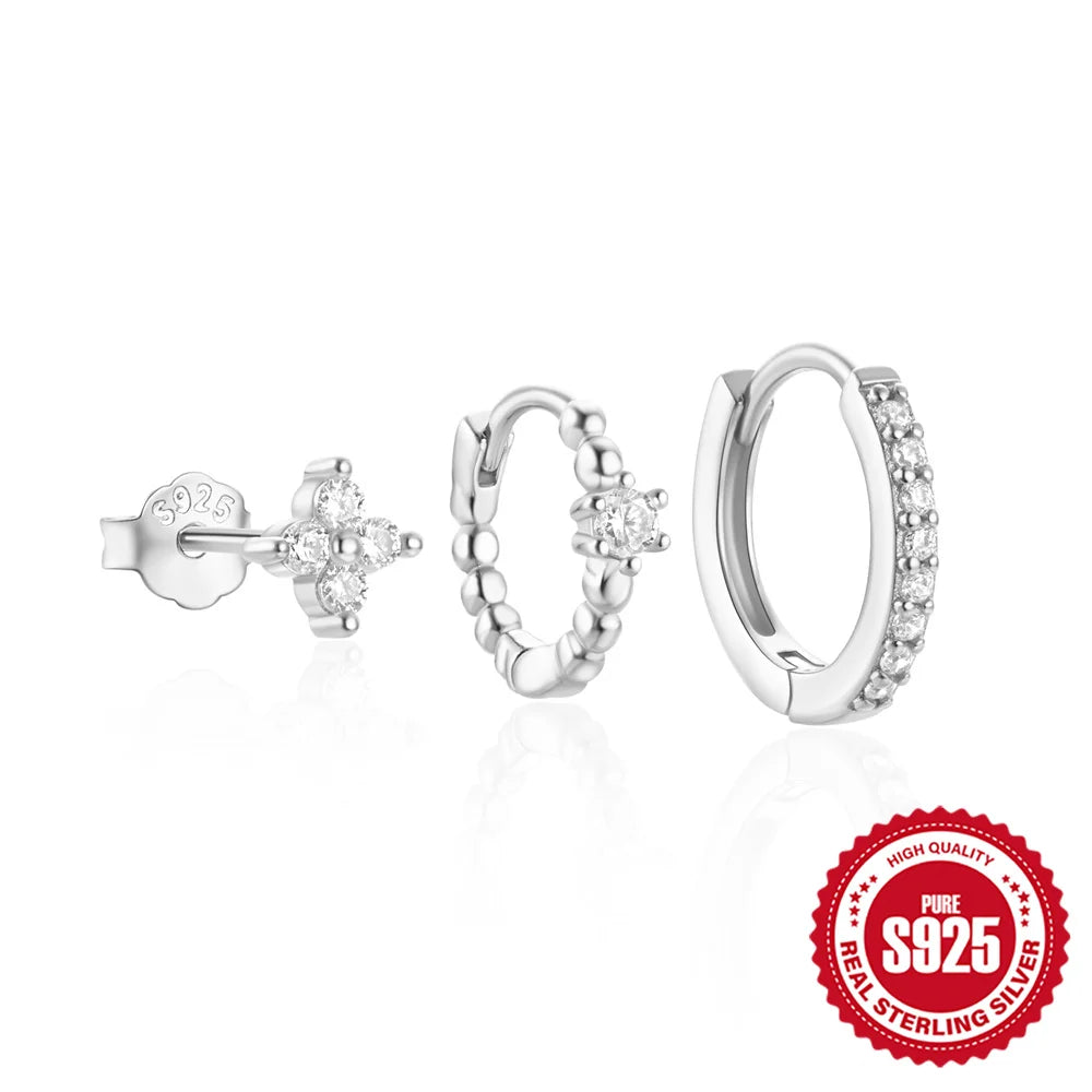 CANNER Set Double Layer Smooth Classic Hoop Earrings For Women 925 Sterling Silver Ins Flower Color Zircon Earrings Fine Jewelry