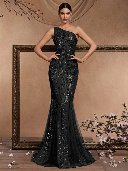Luxury Skew-shouldered Applique Sequins Formal Evening Dresses Elegant Mermaid Maxi Sleeveless Party Cocktail Prom
