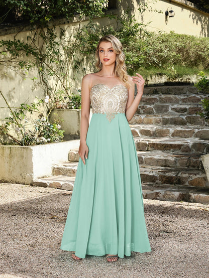 Elegant Sweetheart Prom Dress with Gold Embroidered Bodice & Flowing Chiffon Skirt for Homecoming & Formal Events