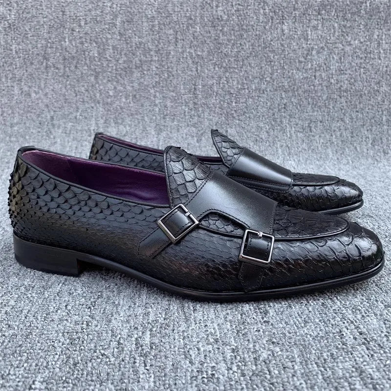 Gentleman Snake Skin Genuine Leather Monk Shoes Wedding Dress Shoes Buckle Slip On Loafers SpringBusiness Man Work Formal Shoes