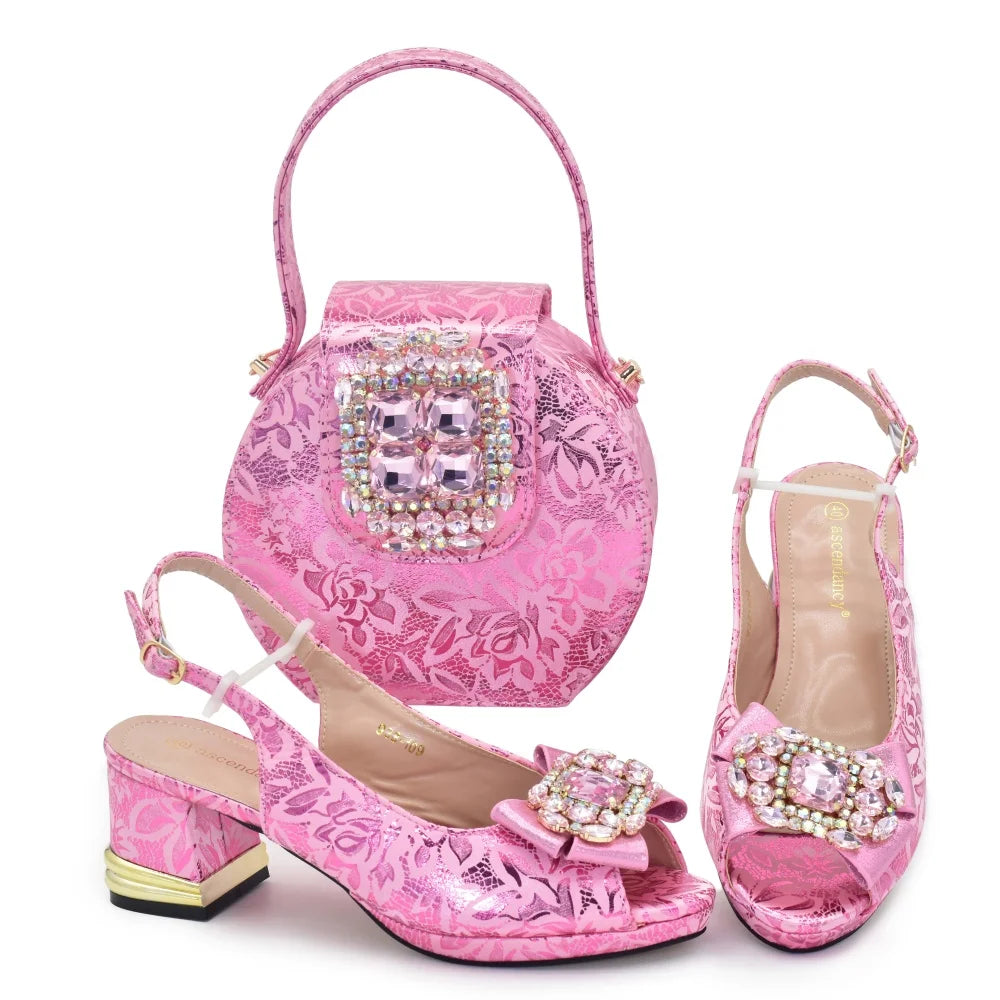 Rhinestone Ladies Shoes and Bags Original Italian Nigeria Party Shoes and Bags for Women Elegant Heeled Shoes for Women
