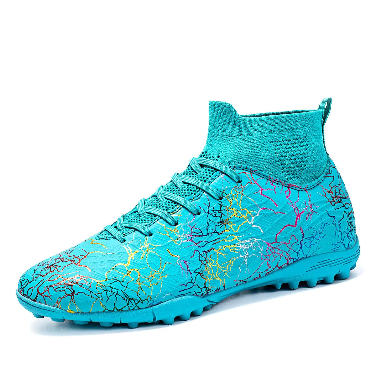 High quality, high-top football shoes, unisex style, comfortable, breathable, available in TF and FG options.  Sole spikes