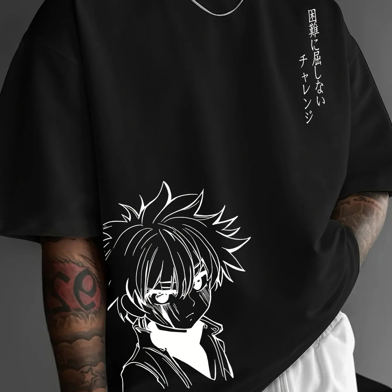 Men's 100% cotton fashionable casual loose fitting Japanese anime character pattern printed round neck short sleeved T-shirt top