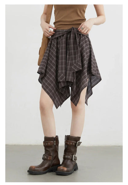 Women Skirts A Line Elastic Waist Strap Ties Irregular Plaid Half Length Skirt Female Short Skirt Woman Summer 2025
