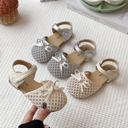 Girl's Sandals Breath-mesh Braided Adorable Summer Kids Sliders Bowtie Beige Sliver Round Toe All-match Childern Shoes 23-33