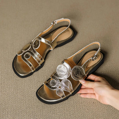 Women's New Round Head Spring/Summer Genuine Leather Sheepskin Spliced Low Heel Large Size Elastic Open Toe Sandals