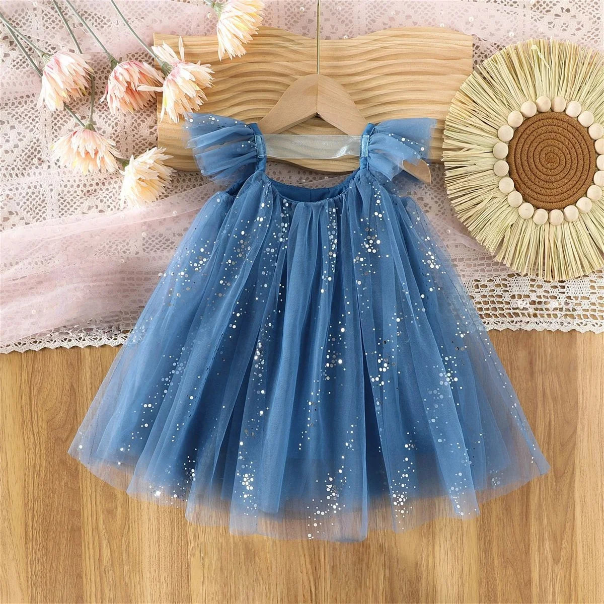 2026 Summer 1-5Y Korean Style Girls Suspender Dress Kids Flutter Sleeve Mesh Breathable Daily Party Dress Children Clothes