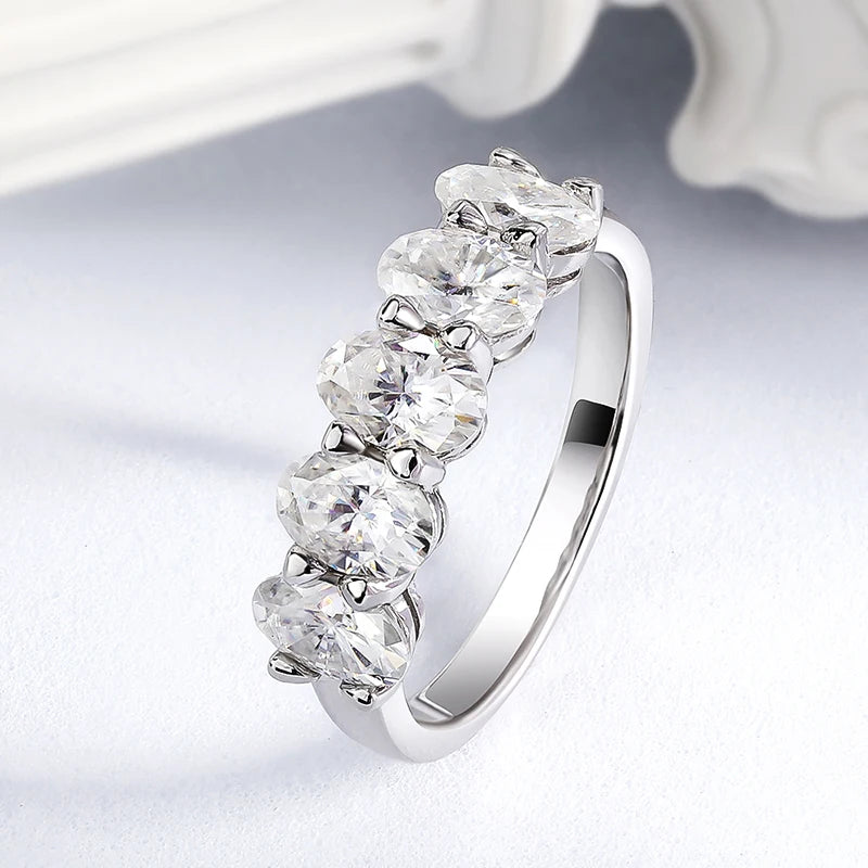 4*6mm Oval Cut Full Moissanite Ring for Women 5 Stone Lab Diamond Half Eternity Band Luxury Jewelry 925 Sterling Silver