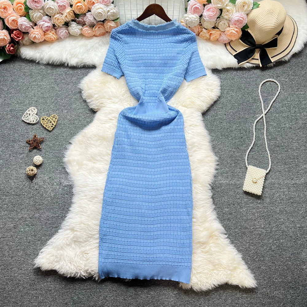 Fashion Sexy Package Hips Knitted Dress Women V-neck Single-breasted Bodycon Sweater Dress Office Lady Vestidos