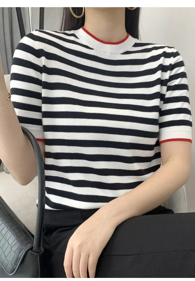 Summer Women's O-Neck Striped 100% Cotton Short Sleeve T-Shirt With Loose Pullover Casual Knit Top High Quality 5 Sizes