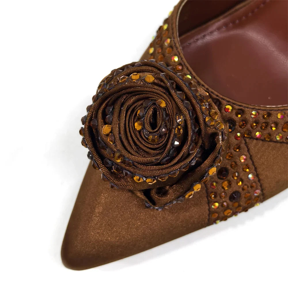 Elegant Rhinestone-Embellished Brown Heeled Shoes and Handbag Set for Women with Floral Decoration – Perfect Small Size Fashion