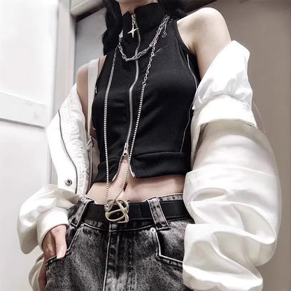 Gothic Style Stitching High Street Style Hot Girl Spaghetti Straps Sleeveless Cardigan Vest Slimming Slim Fit Top for Women INS