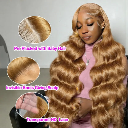 34 36inch 27 Honey Blonde Body Wave Wig Human Hair 13x6 Transparent Hd Lace Frontal Wig For Women 250 Density Brazilian Wigs