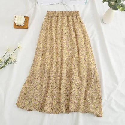 Women's Summer Skirts Vintage Floral Printed Chiffon Skirts High-waisted Elastic Waist Relaxed Mid-length Skirts Beach Skirts