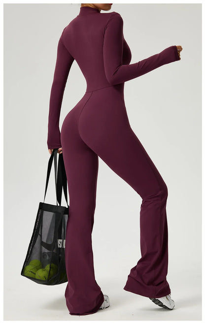 Zipper Jumpsuit Flared Pants Women Clothing Sportswear Gym Yoga Sport Sets Spandex Nylon Workout Sets Women Tracksuit