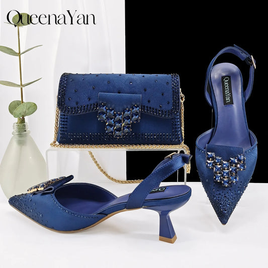 Elegant Navy Blue Handbag and Medium Heel Shoes Set with Beautiful Handmade Metal Decoration for Weddings and Parties