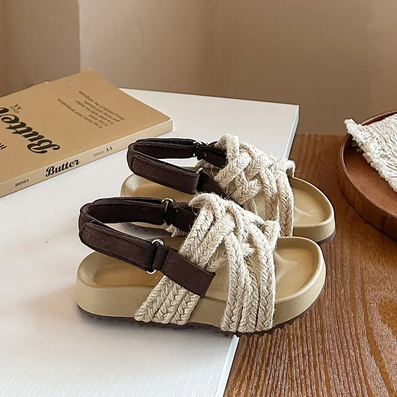 Children's Boho Braided Sandals Summer New Boys Girls Casual Shoes for Outdoor Daily Wear Open-toe Kids Platform Beach Sandals