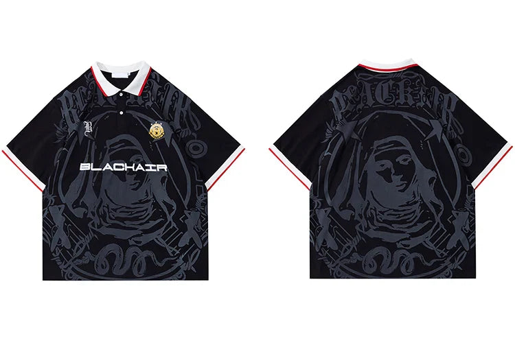 Hip Hop Streetwear Polo T-Shirt Virgin Mary Graphic T Shirt Men Polo Shirt Short Sleeve Harajuku Cotton Tops Tees Red Grey