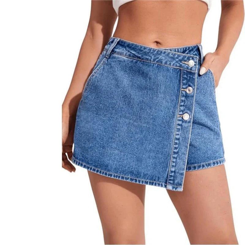 Women's High Waisted Denim Skort Asymmetric Button Detail Frayed Hem Skirt Shorts Summer Casual Streetwear Trendy Outfits