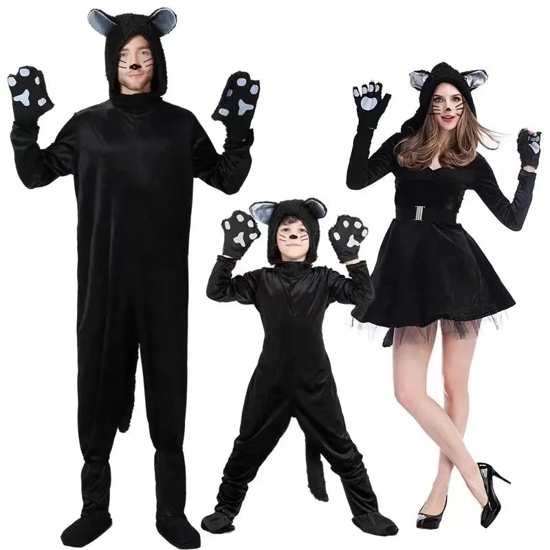 Black Cat Cosplay Children's Costume Cute Kitten Animal Onesie + Gloves + Hat Suit Suitable for Stage Show Halloween Party
