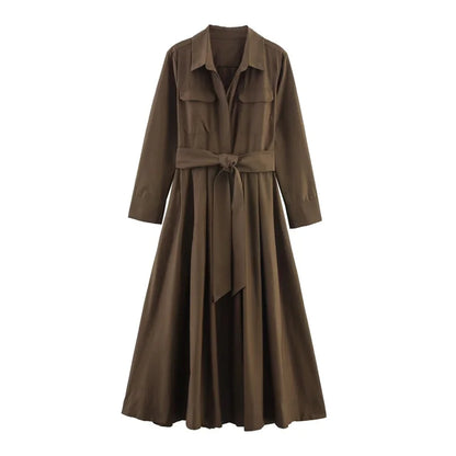 Women's Dress Fall 2025 New Solid Color Long Sleeve Shirt Style A-Pendulum Dress Belt Decoration Casual Fashion Personality