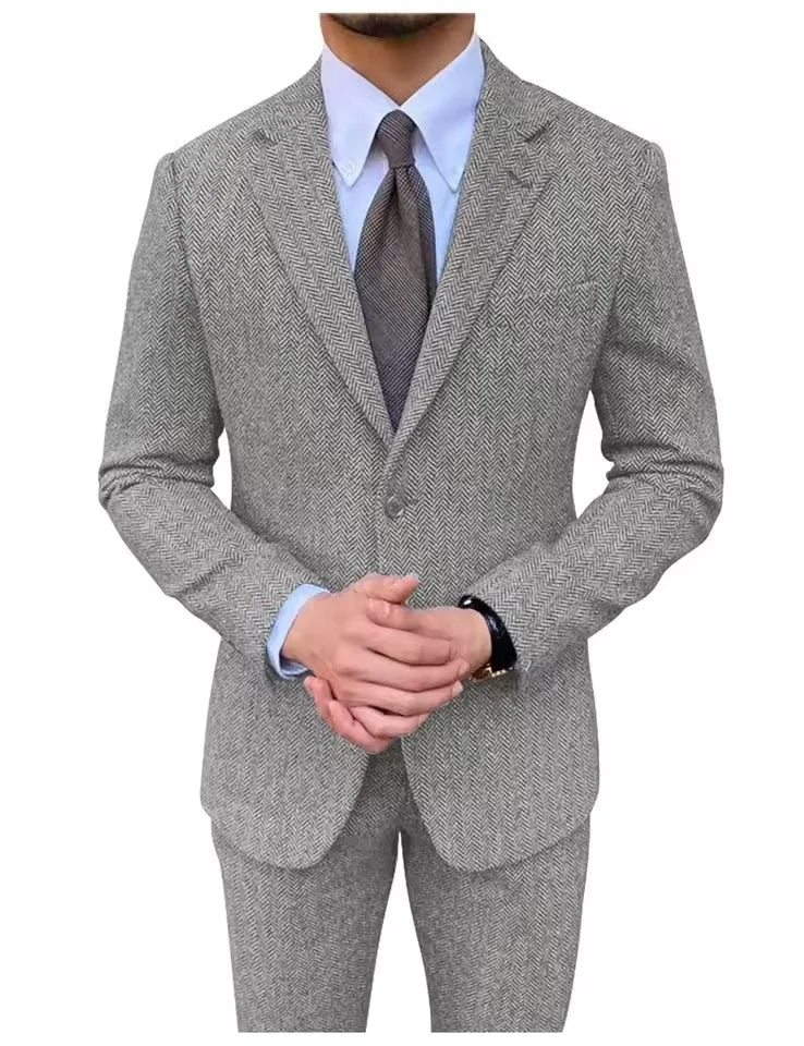 Retro British Men Suit 2 pieces (Blazer+ Vest + Pants)Single Breasted Suit Jacket Formal Fashion Herringbone Wedding Business