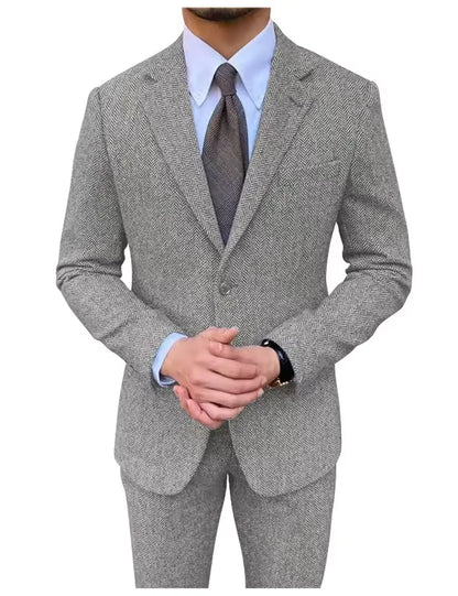 Retro British Men Suit 2 pieces (Blazer+ Vest + Pants)Single Breasted Suit Jacket Formal Fashion Herringbone Wedding Business