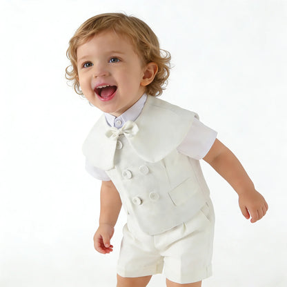 Boys White Linen Suit Set Summer Short Sleeve shawl  Vest & suspenders Shorts Gentleman Outfit for Wedding Party Occasions