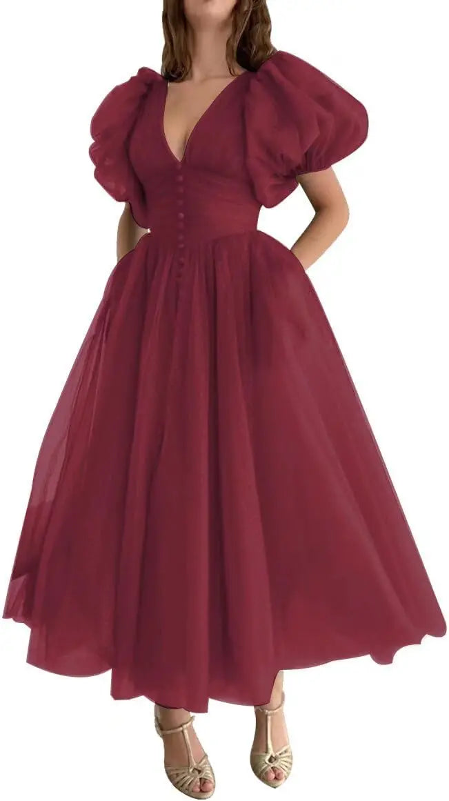 Puffy Sleeve Prom Dresses for Women Dotted Tulle V Neck Formal Evening Party Gowns Tea Length Formal Dress Women Elegant