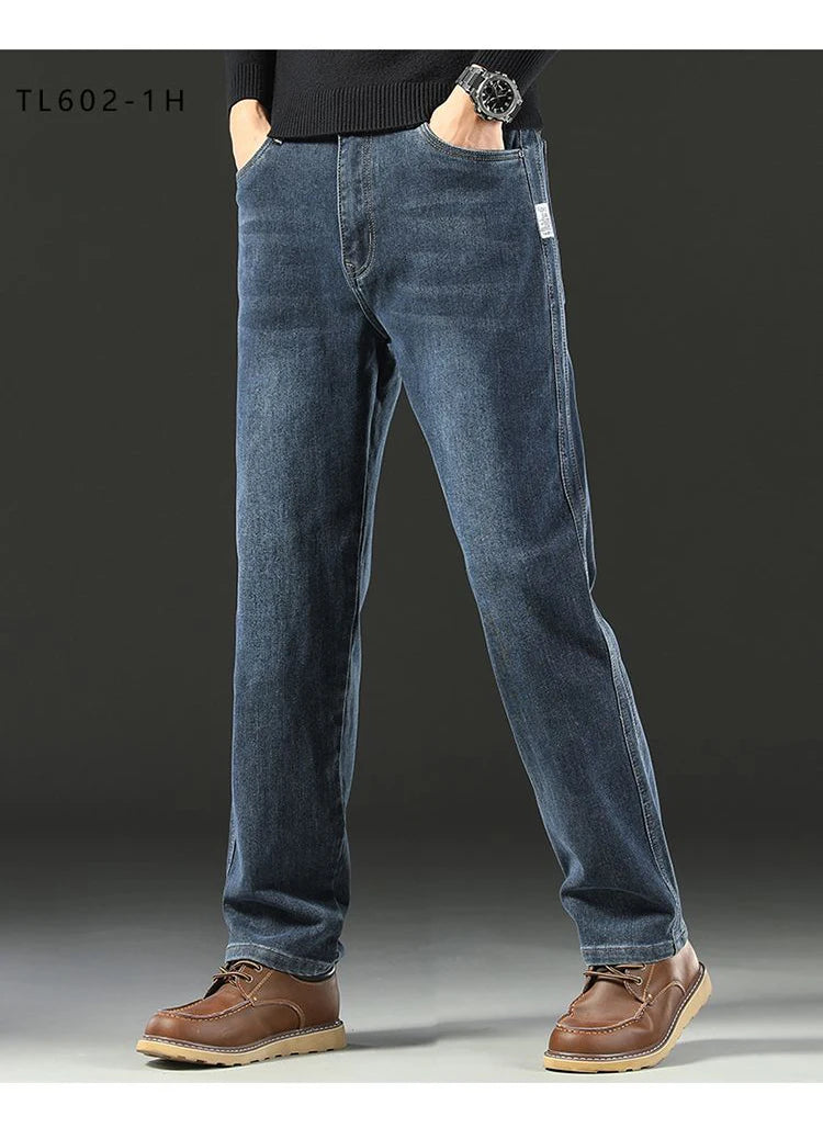 Men's Spring Autumn Soft Baggy Jeans Casual Straight Stretch Wide-Leg Business Denim Pants Versatile Comfortable Loose Trousers