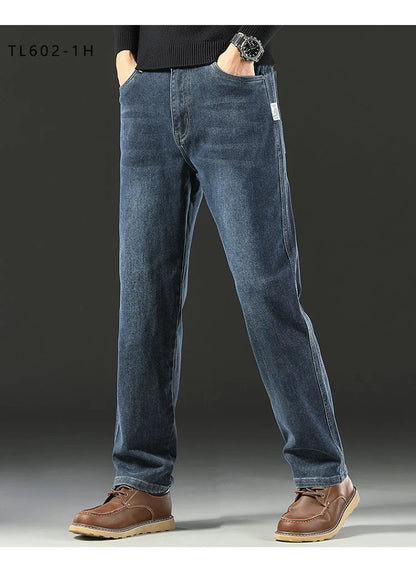 Men's Spring Autumn Soft Baggy Jeans Casual Straight Stretch Wide-Leg Business Denim Pants Versatile Comfortable Loose Trousers