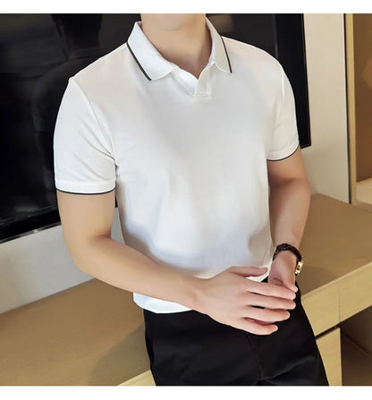 Business Casual Solid Color Men's Polo Shirt, 2024 Summer Classic, Men Short Sleeve V-neck T-shirt, Slim Fit Spliced Polo 4XL-M