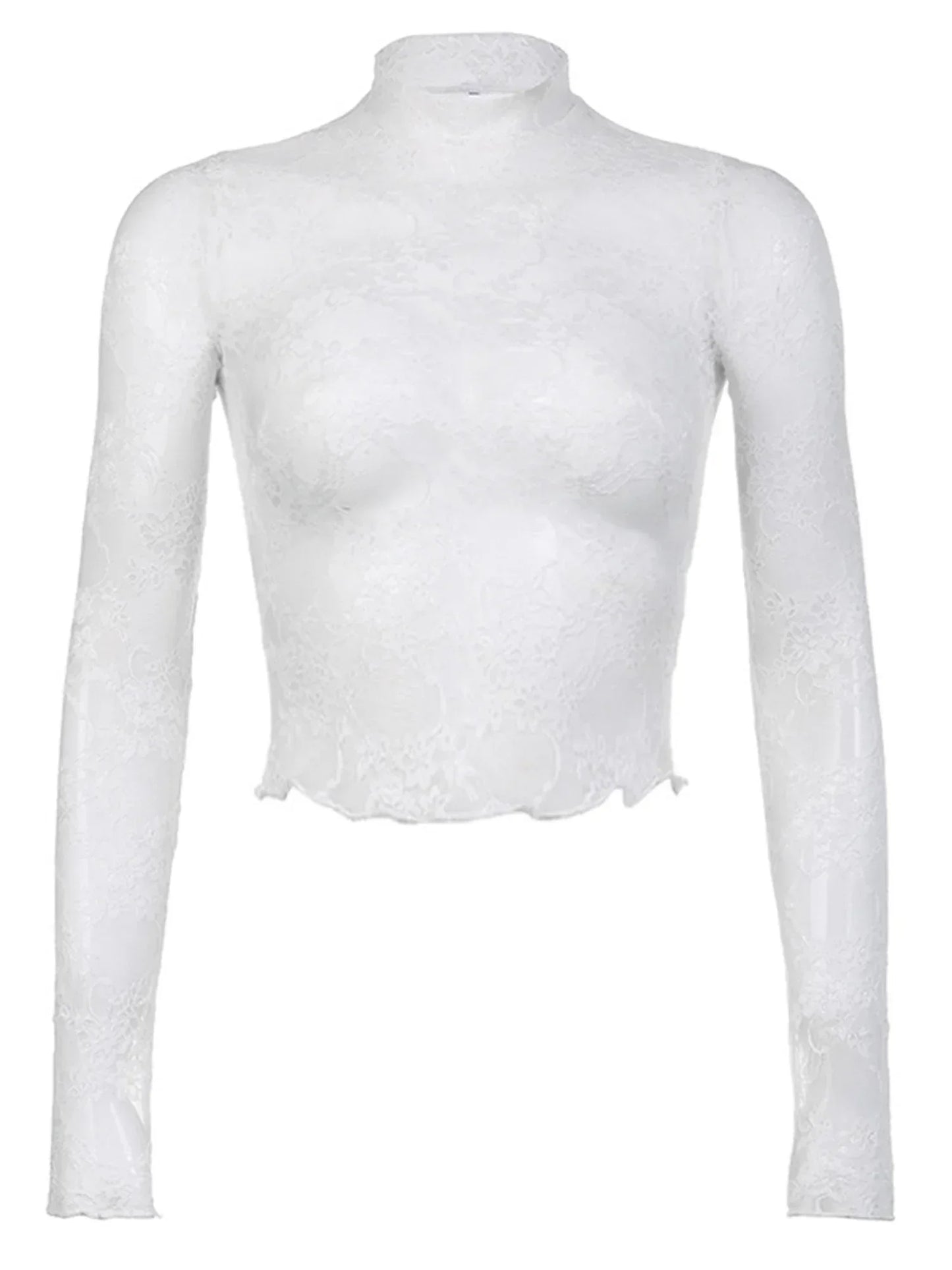 Sexy Lace Blouse Shirts Summer Women Turtleneck Long Sleeve See Through Lace Patchwork Thin Tops