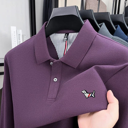 100% pure cotton autumn high-end luxury men's brand long sleeved polo shirt original embroidered dog design golf top T-shirt
