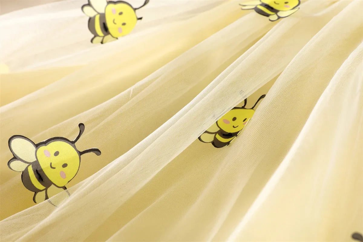 2026 Summer 12M-5Y Childrens Clothes Cute Bee Print Girls Dress with Tulle Skirt Sleeves Fluffy Dress for Girls