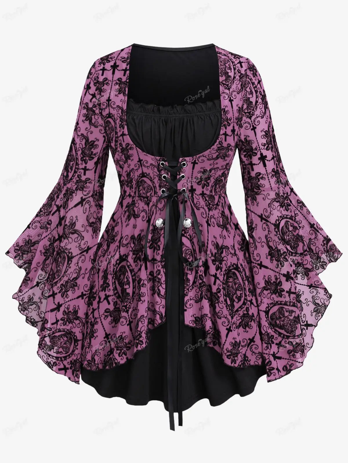 Plus Size Gothic Bell Sleeves Cross Floral Mesh Flocking Lace Up Ruched Ruffles 2 in 1 Long Bell Sleeve Top