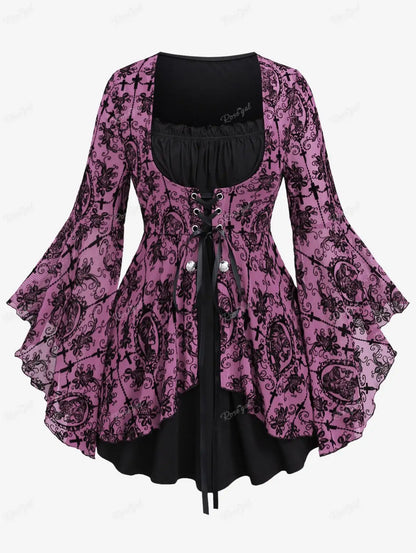 Plus Size Gothic Bell Sleeves Cross Floral Mesh Flocking Lace Up Ruched Ruffles 2 in 1 Long Bell Sleeve Top