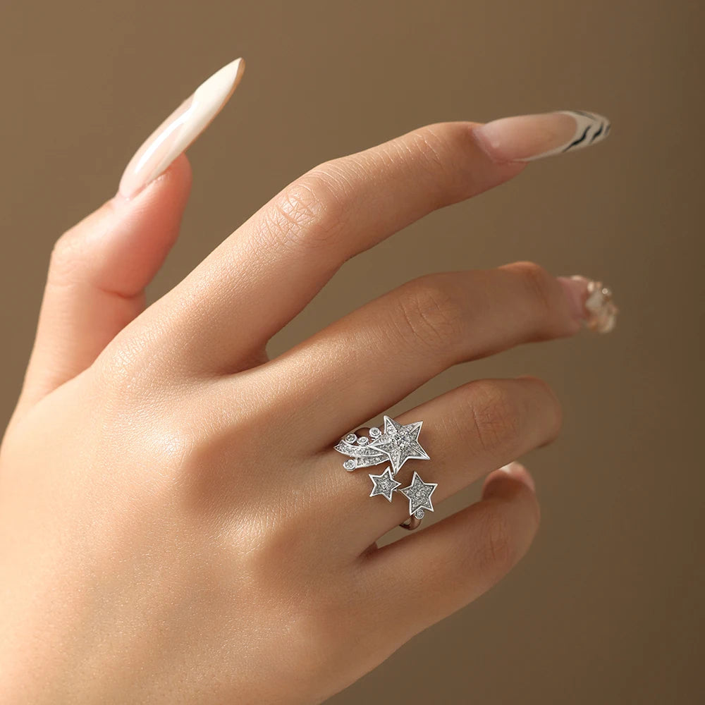 Light Luxury All Moissanite Star Rings 925 Sterling Silver for Women Unique Design With Lucky Genuine Fine Jewelry Gift