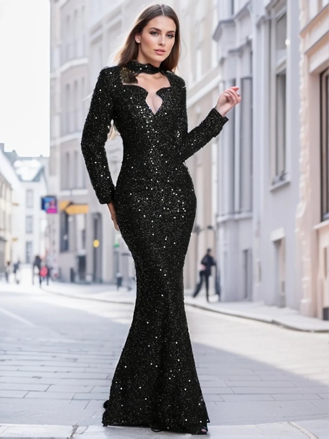 Blue Sequin Elegant Evening Party Dress O Neck Long Sleeves Wedding Party Gown Elegant Women Formal Dresses 2025