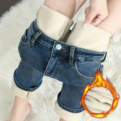 Calça Jeans Feminina Inverno Fleece Quente Reta Slim Elástica Algodão Grosso Quente Denim Moda Roupa Feminina